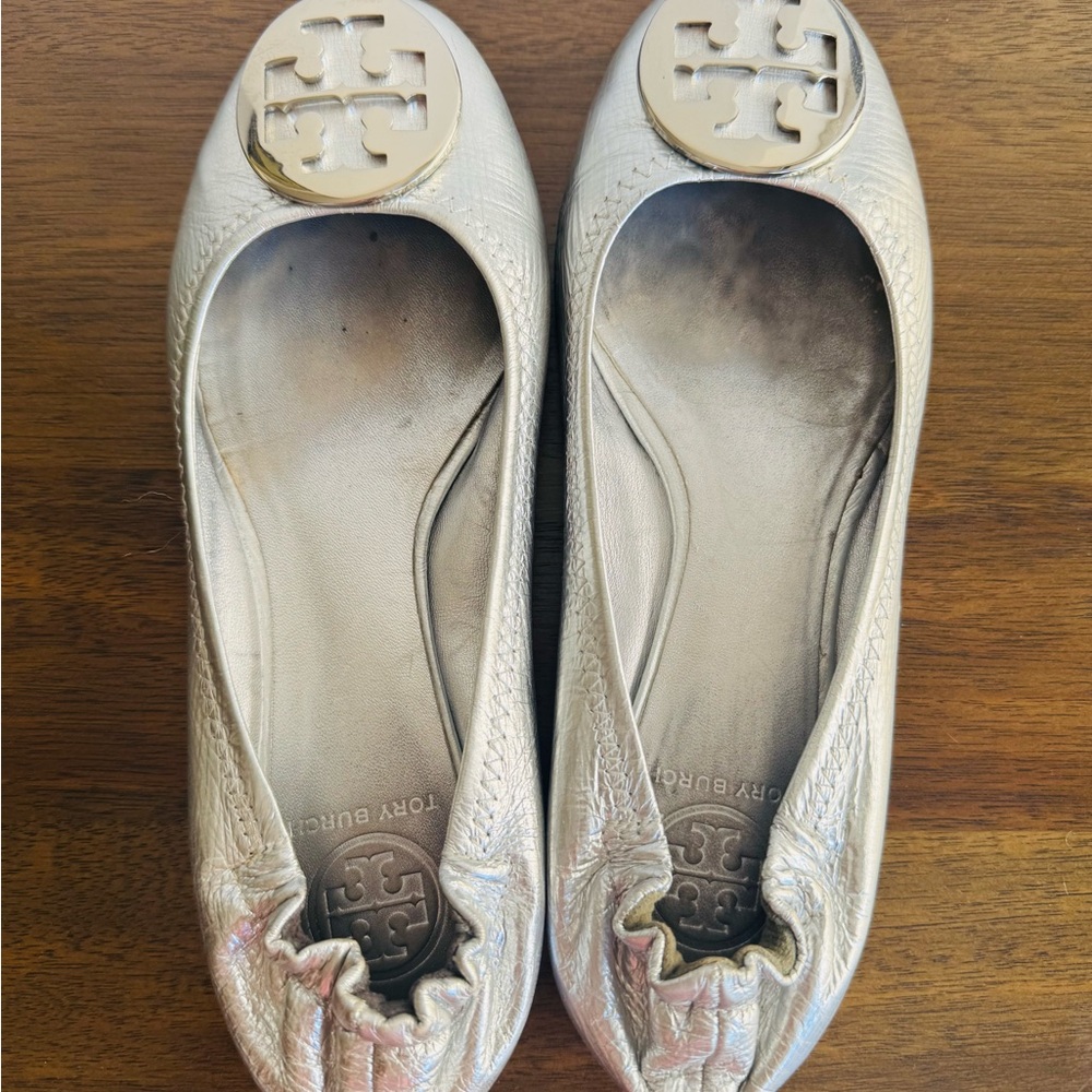 Tory Burch Silver Flats with Medallion Logo